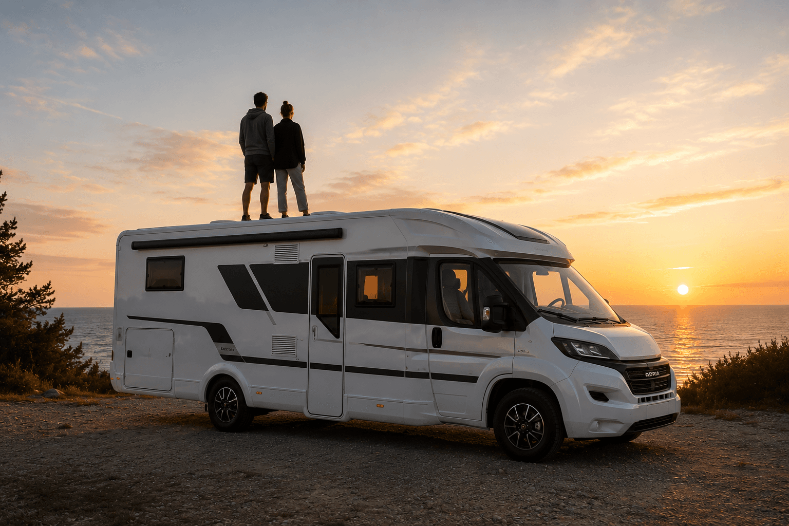 Pareja en un motorhome mirando el atardecer en la costa